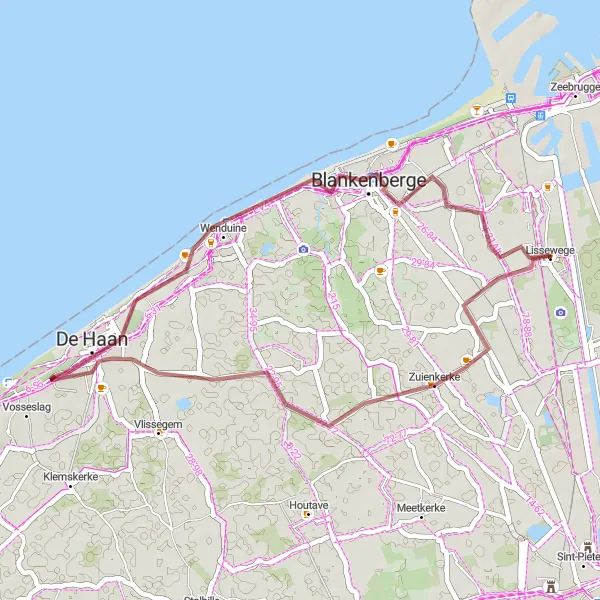 Map miniature of "Lissewege Gravel Adventure" cycling inspiration in Prov. West-Vlaanderen, Belgium. Generated by Tarmacs.app cycling route planner