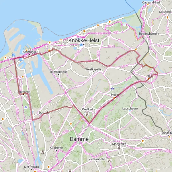 Karten-Miniaturansicht der Radinspiration "Gravel-Radroute von Lissewege nach Dudzele und zurück" in Prov. West-Vlaanderen, Belgium. Erstellt vom Tarmacs.app-Routenplaner für Radtouren