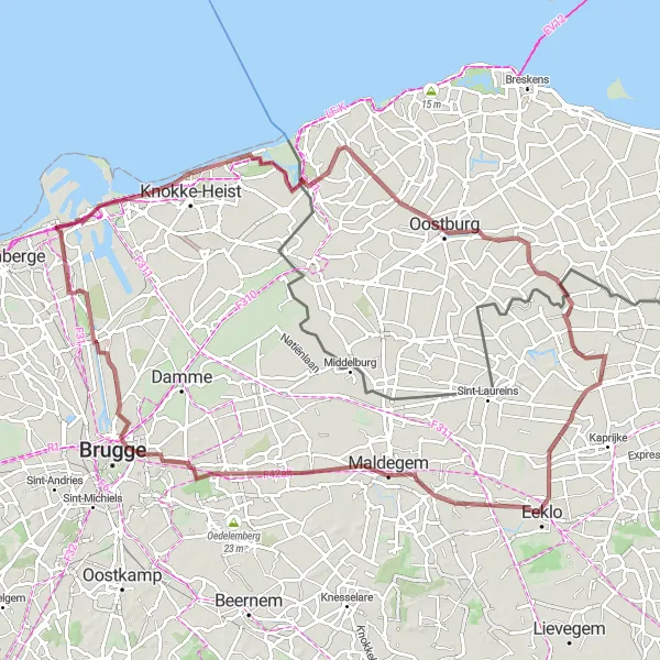 Karten-Miniaturansicht der Radinspiration "Rundtour von Lissewege nach Retranchement und Bentille" in Prov. West-Vlaanderen, Belgium. Erstellt vom Tarmacs.app-Routenplaner für Radtouren