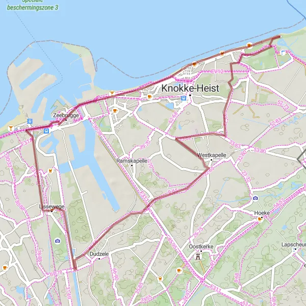 Miniature de la carte de l'inspiration cycliste "La route côtière de Zeebrugge" dans la Prov. West-Vlaanderen, Belgium. Générée par le planificateur d'itinéraire cycliste Tarmacs.app
