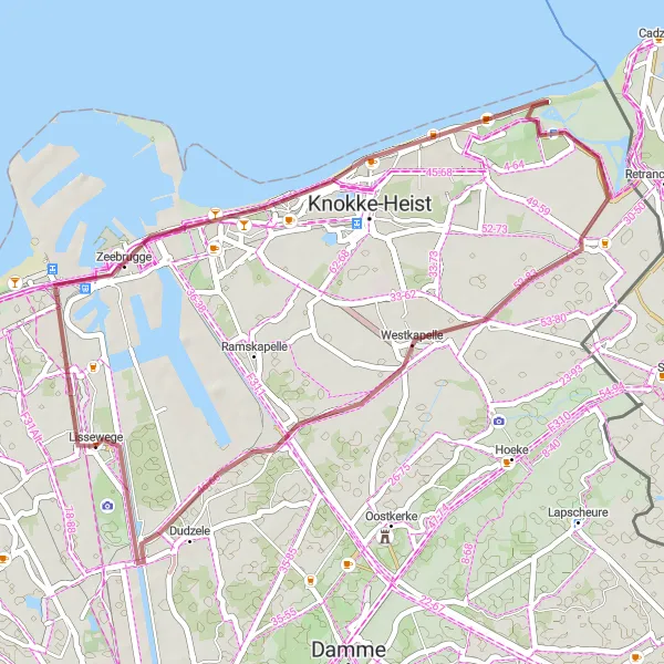 Map miniature of "Coastal Gravel Adventure" cycling inspiration in Prov. West-Vlaanderen, Belgium. Generated by Tarmacs.app cycling route planner