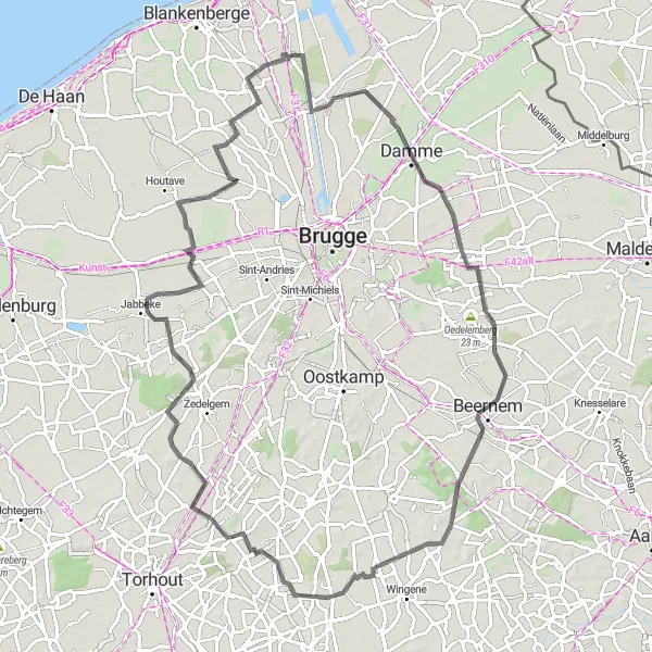 Karten-Miniaturansicht der Radinspiration "Roadtour von Lissewege nach Damme und Jabbeke" in Prov. West-Vlaanderen, Belgium. Erstellt vom Tarmacs.app-Routenplaner für Radtouren