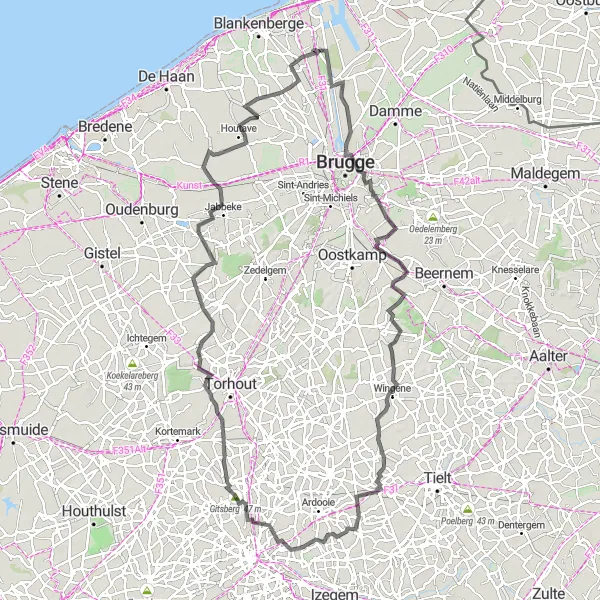 Miniatuurkaart van de fietsinspiratie "Historische Route door West-Vlaanderen" in Prov. West-Vlaanderen, Belgium. Gemaakt door de Tarmacs.app fietsrouteplanner