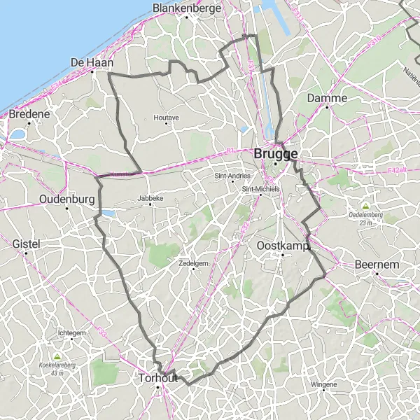 Map miniature of "Countryside Tour with Assebroek Stop" cycling inspiration in Prov. West-Vlaanderen, Belgium. Generated by Tarmacs.app cycling route planner