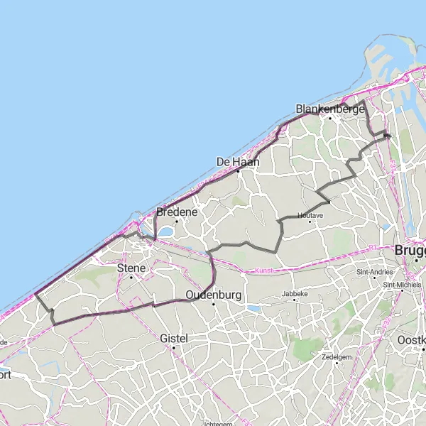 Map miniature of "Exploring the Coast of Bruges" cycling inspiration in Prov. West-Vlaanderen, Belgium. Generated by Tarmacs.app cycling route planner