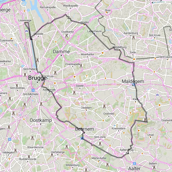 Karten-Miniaturansicht der Radinspiration "Straßenradtour von Lissewege nach Ter Doest Abbey und zurück" in Prov. West-Vlaanderen, Belgium. Erstellt vom Tarmacs.app-Routenplaner für Radtouren