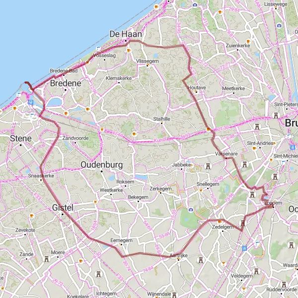 Map miniature of "Kasteel Ter Loo, Rustplaats XL, Vuurtoren/uitkijktoren, Doolhof Loppem Gravel Adventure" cycling inspiration in Prov. West-Vlaanderen, Belgium. Generated by Tarmacs.app cycling route planner