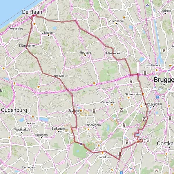 Miniature de la carte de l'inspiration cycliste "Parcours de Vélo Tout-Terrain de Jabbeke à Tillegem Castle" dans la Prov. West-Vlaanderen, Belgium. Générée par le planificateur d'itinéraire cycliste Tarmacs.app