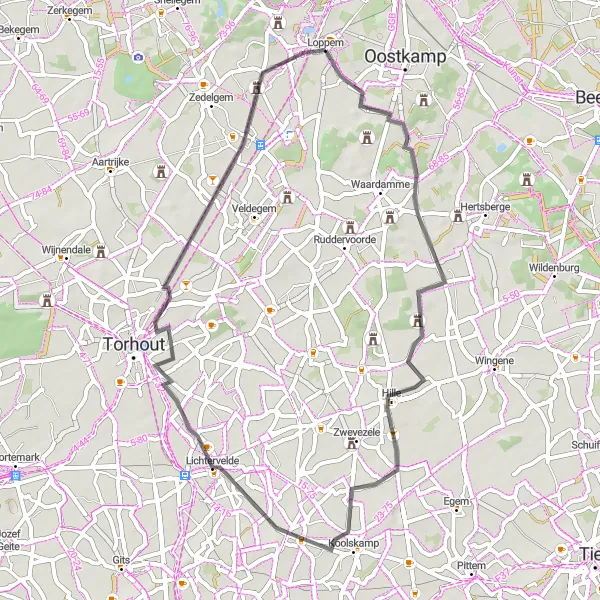 Miniatuurkaart van de fietsinspiratie "Loppem - Lichtervelde Route" in Prov. West-Vlaanderen, Belgium. Gemaakt door de Tarmacs.app fietsrouteplanner