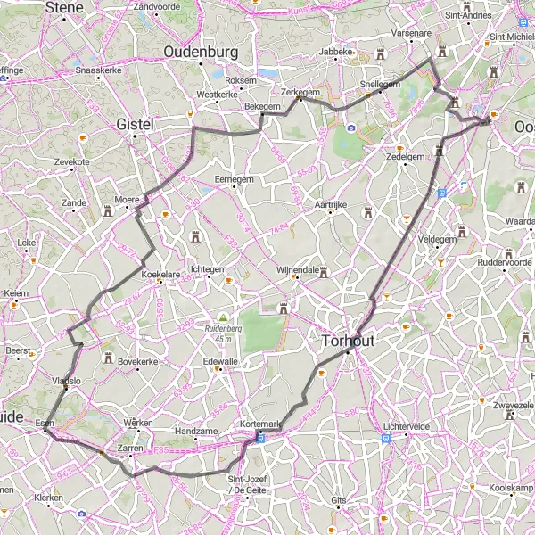Miniatuurkaart van de fietsinspiratie "De Leeuw - Kortemark Route" in Prov. West-Vlaanderen, Belgium. Gemaakt door de Tarmacs.app fietsrouteplanner