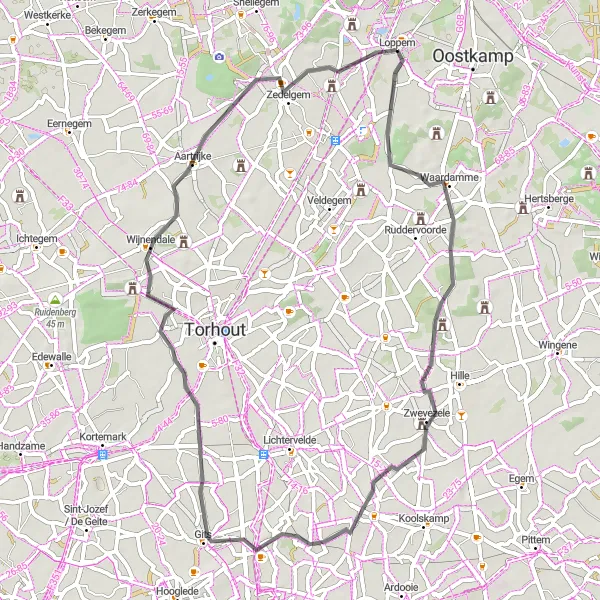 Map miniature of "Scenic Loop: Loppem to Aartrijke" cycling inspiration in Prov. West-Vlaanderen, Belgium. Generated by Tarmacs.app cycling route planner