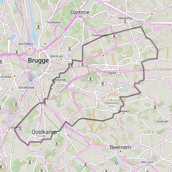 Map miniature of "Vivenkapelle, Donk, Moerbrugge Road Loop" cycling inspiration in Prov. West-Vlaanderen, Belgium. Generated by Tarmacs.app cycling route planner