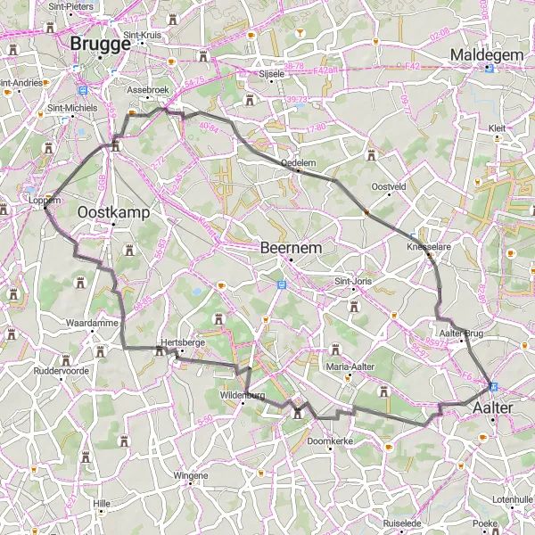 Map miniature of "Loppem, Oedelemberg, Knesselare Loop" cycling inspiration in Prov. West-Vlaanderen, Belgium. Generated by Tarmacs.app cycling route planner