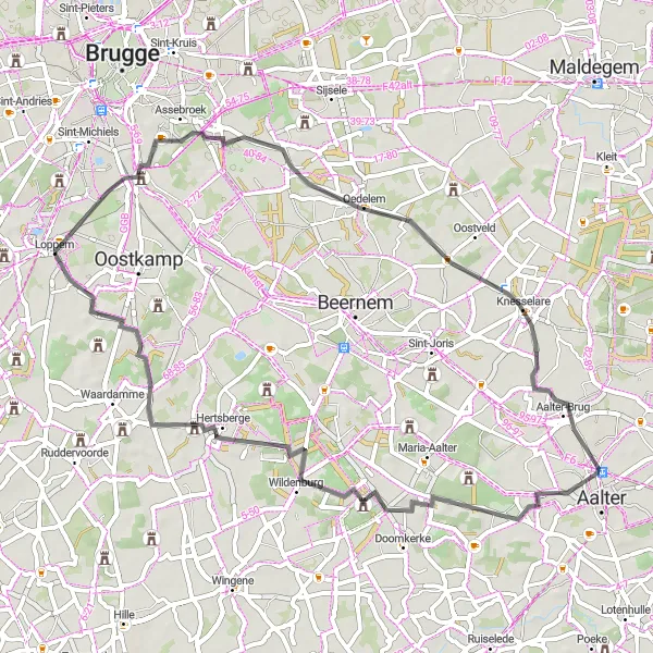 Miniatuurkaart van de fietsinspiratie "Wegroute met kastelen en historie" in Prov. West-Vlaanderen, Belgium. Gemaakt door de Tarmacs.app fietsrouteplanner