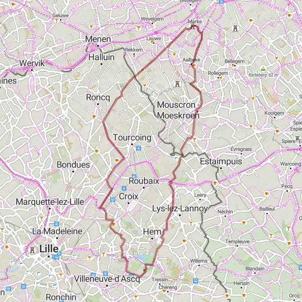 Miniature de la carte de l'inspiration cycliste "Les chemins de Wattrelos" dans la Prov. West-Vlaanderen, Belgium. Générée par le planificateur d'itinéraire cycliste Tarmacs.app