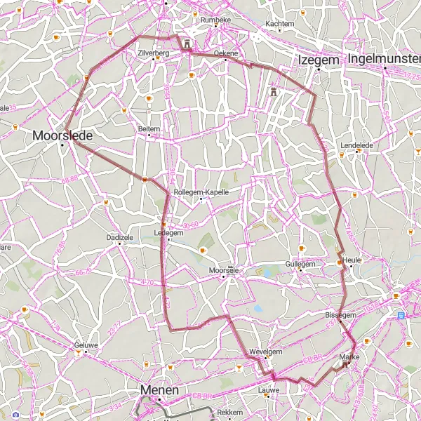 Miniatuurkaart van de fietsinspiratie "Gravelroute door Ledegem en omgeving" in Prov. West-Vlaanderen, Belgium. Gemaakt door de Tarmacs.app fietsrouteplanner