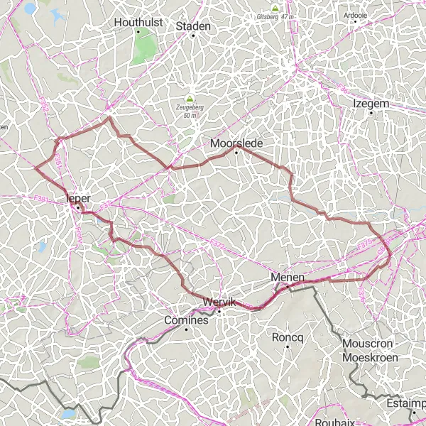 Miniatuurkaart van de fietsinspiratie "Avontuurlijke gravelroute langs Ypres en Zonnebeke" in Prov. West-Vlaanderen, Belgium. Gemaakt door de Tarmacs.app fietsrouteplanner