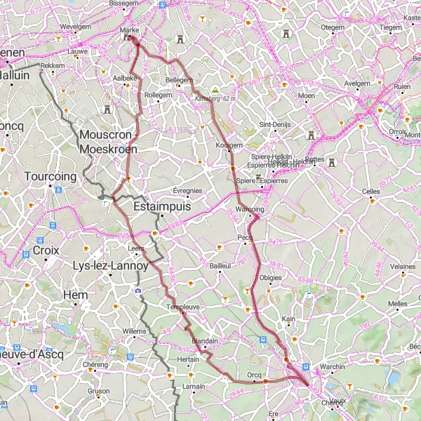 Karten-Miniaturansicht der Radinspiration "Gravelfahrt von Marke nach Leie und zurück" in Prov. West-Vlaanderen, Belgium. Erstellt vom Tarmacs.app-Routenplaner für Radtouren