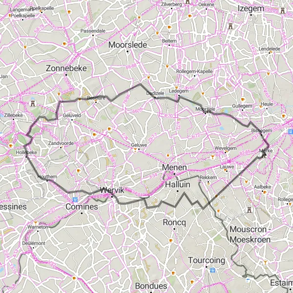 Miniatuurkaart van de fietsinspiratie "De Grensoverschrijdende Route" in Prov. West-Vlaanderen, Belgium. Gemaakt door de Tarmacs.app fietsrouteplanner