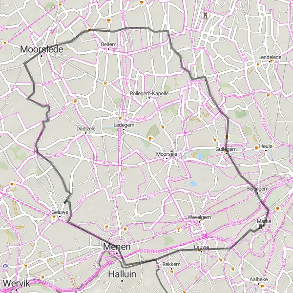 Miniature de la carte de l'inspiration cycliste "Les plaines de Moorslede" dans la Prov. West-Vlaanderen, Belgium. Générée par le planificateur d'itinéraire cycliste Tarmacs.app