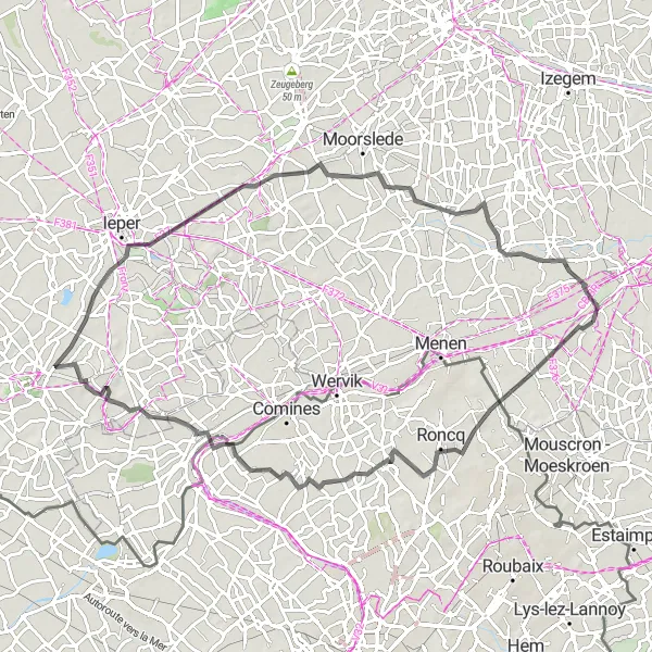 Miniature de la carte de l'inspiration cycliste "Les collines de Kemmel" dans la Prov. West-Vlaanderen, Belgium. Générée par le planificateur d'itinéraire cycliste Tarmacs.app