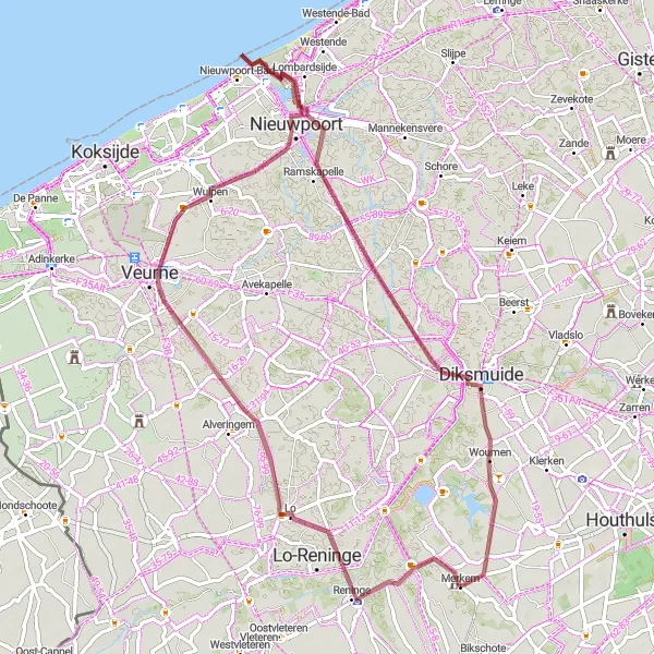 Miniatuurkaart van de fietsinspiratie "Gravelroute langs de kust" in Prov. West-Vlaanderen, Belgium. Gemaakt door de Tarmacs.app fietsrouteplanner