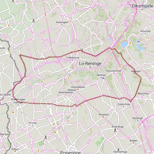 Miniature de la carte de l'inspiration cycliste "Les Chemins de Gravel" dans la Prov. West-Vlaanderen, Belgium. Générée par le planificateur d'itinéraire cycliste Tarmacs.app