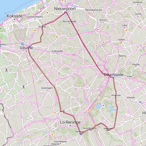 Map miniature of "Exploring the Gravel Roads of West-Vlaanderen" cycling inspiration in Prov. West-Vlaanderen, Belgium. Generated by Tarmacs.app cycling route planner