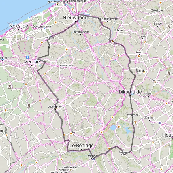 Miniature de la carte de l'inspiration cycliste "Route des moulins et des polders" dans la Prov. West-Vlaanderen, Belgium. Générée par le planificateur d'itinéraire cycliste Tarmacs.app