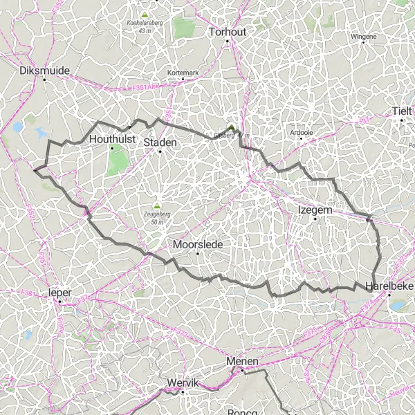 Miniature de la carte de l'inspiration cycliste "Les Collines Flamandes" dans la Prov. West-Vlaanderen, Belgium. Générée par le planificateur d'itinéraire cycliste Tarmacs.app