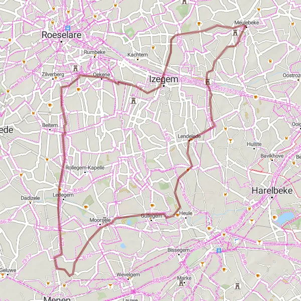 Map miniature of "Scenic Gravel Tour through Lendelede and Moorsele" cycling inspiration in Prov. West-Vlaanderen, Belgium. Generated by Tarmacs.app cycling route planner