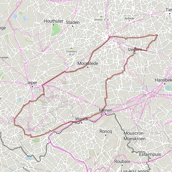 Map miniature of "The Gravel Adventure: Meulebeke to Wervik" cycling inspiration in Prov. West-Vlaanderen, Belgium. Generated by Tarmacs.app cycling route planner