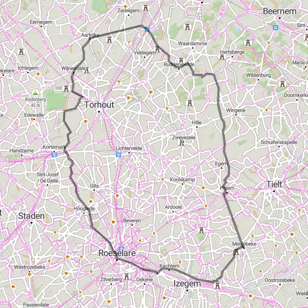 Map miniature of "Through the Heart of West-Vlaanderen: Meulebeke to Ruddervoorde" cycling inspiration in Prov. West-Vlaanderen, Belgium. Generated by Tarmacs.app cycling route planner