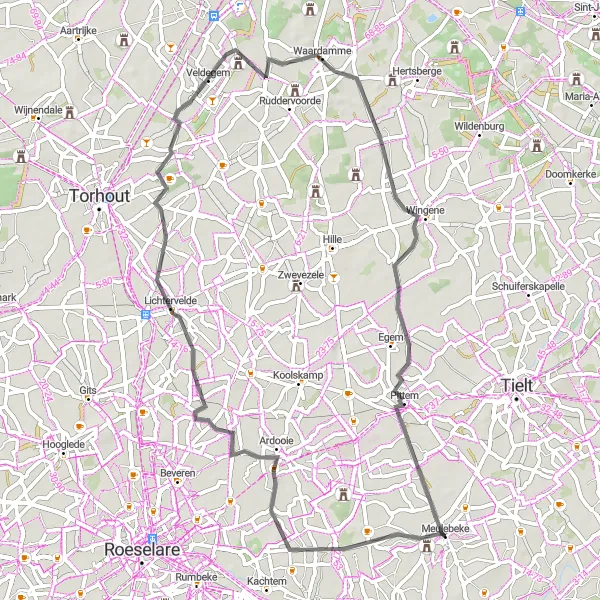 Karten-Miniaturansicht der Radinspiration "Rundfahrt von Meulebeke nach Lichtervelde, Waardamme, Pittem und zurück" in Prov. West-Vlaanderen, Belgium. Erstellt vom Tarmacs.app-Routenplaner für Radtouren