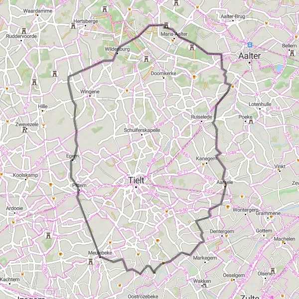 Map miniature of "Captivating Road Adventure to Egem and Wildenburg" cycling inspiration in Prov. West-Vlaanderen, Belgium. Generated by Tarmacs.app cycling route planner