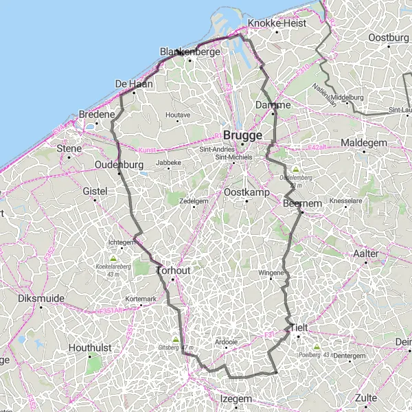 Map miniature of "Coastal Roads and Castle Views: Meulebeke to Damme" cycling inspiration in Prov. West-Vlaanderen, Belgium. Generated by Tarmacs.app cycling route planner