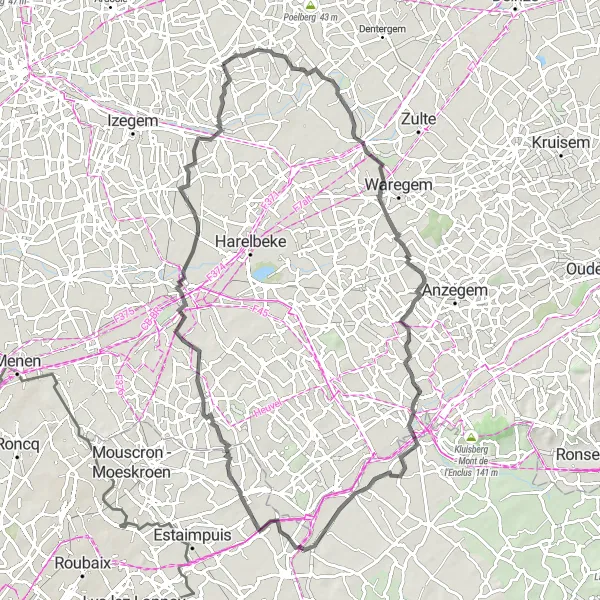 Map miniature of "Challenging Road Tour to Sint-Eloois-Vijve and Ingooigem" cycling inspiration in Prov. West-Vlaanderen, Belgium. Generated by Tarmacs.app cycling route planner