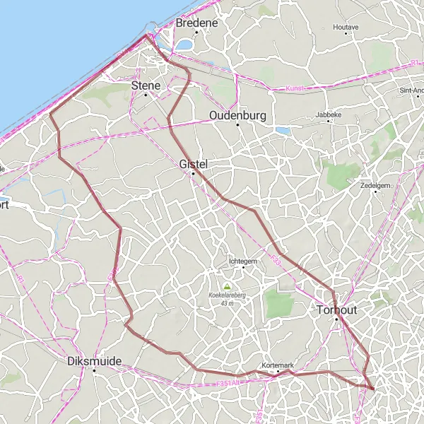 Map miniature of "Gravel Adventure Loop" cycling inspiration in Prov. West-Vlaanderen, Belgium. Generated by Tarmacs.app cycling route planner
