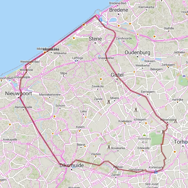 Map miniature of "Discovering West-Vlaanderen" cycling inspiration in Prov. West-Vlaanderen, Belgium. Generated by Tarmacs.app cycling route planner