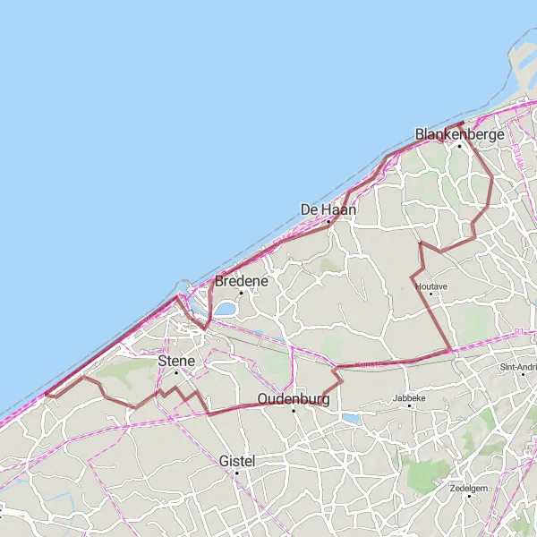 Karten-Miniaturansicht der Radinspiration "Küstenroute durch Houtave und Bredene" in Prov. West-Vlaanderen, Belgium. Erstellt vom Tarmacs.app-Routenplaner für Radtouren