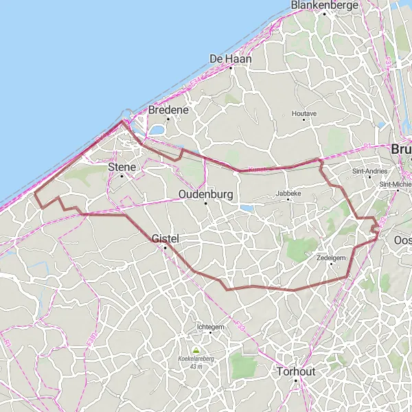 Miniatuurkaart van de fietsinspiratie "Middelkerke - Wilskerke Gravel Tour" in Prov. West-Vlaanderen, Belgium. Gemaakt door de Tarmacs.app fietsrouteplanner
