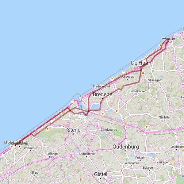 Map miniature of "Coastal Gravel Tour - West-Vlaanderen" cycling inspiration in Prov. West-Vlaanderen, Belgium. Generated by Tarmacs.app cycling route planner