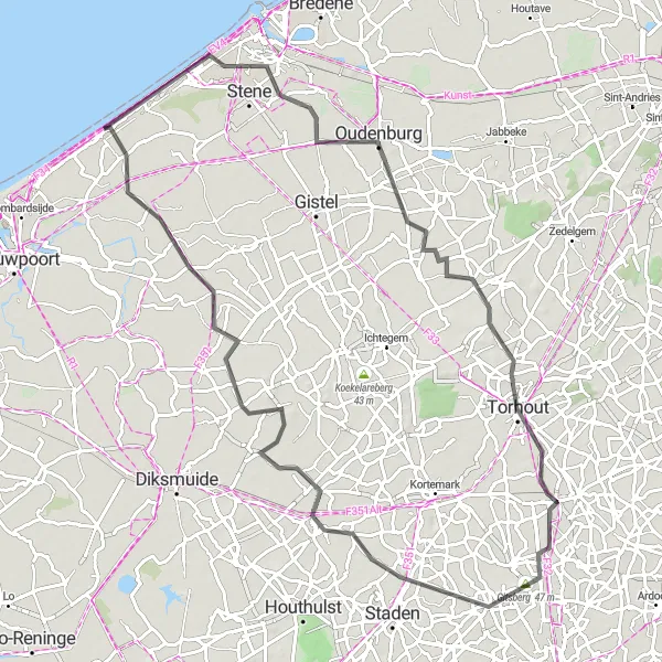 Map miniature of "Scenic Coastal Ride" cycling inspiration in Prov. West-Vlaanderen, Belgium. Generated by Tarmacs.app cycling route planner