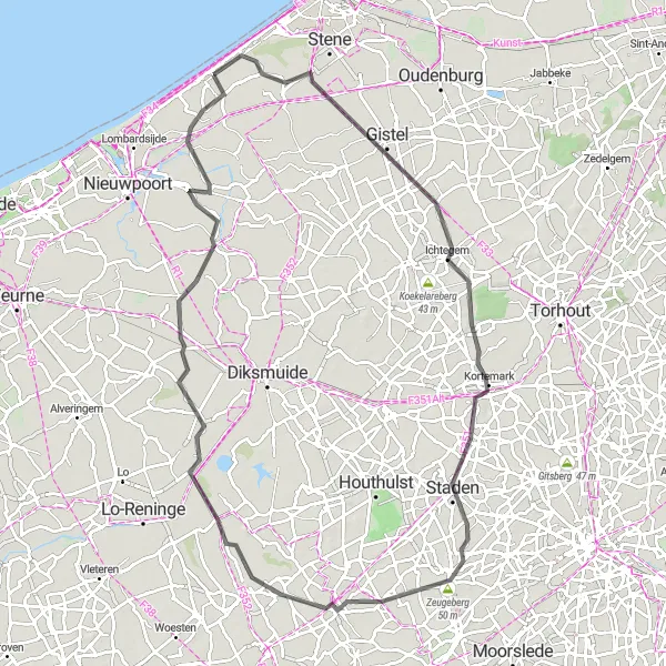 Karten-Miniaturansicht der Radinspiration "Hügeliges Abenteuer von Gistel nach Pervijze" in Prov. West-Vlaanderen, Belgium. Erstellt vom Tarmacs.app-Routenplaner für Radtouren