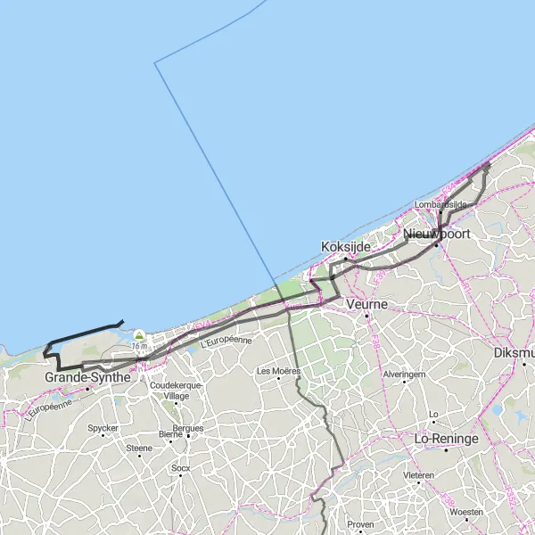 Karten-Miniaturansicht der Radinspiration "Coastal Road Cycling Experience" in Prov. West-Vlaanderen, Belgium. Erstellt vom Tarmacs.app-Routenplaner für Radtouren