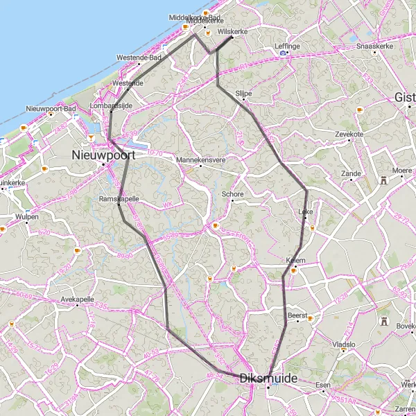 Miniatuurkaart van de fietsinspiratie "Historische Fietsroute West-Vlaanderen" in Prov. West-Vlaanderen, Belgium. Gemaakt door de Tarmacs.app fietsrouteplanner