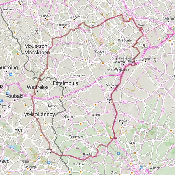 Map miniature of "Helkijn - Helchin Gravel Route" cycling inspiration in Prov. West-Vlaanderen, Belgium. Generated by Tarmacs.app cycling route planner