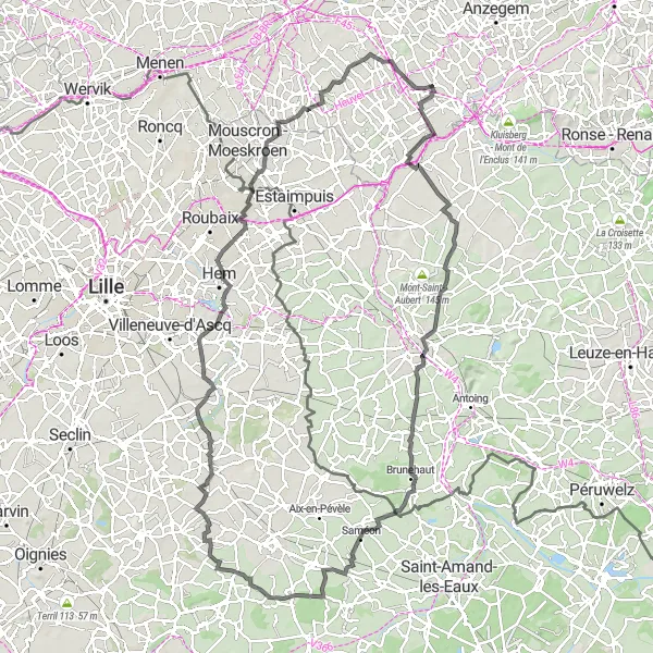 Miniature de la carte de l'inspiration cycliste "Les collines de West-Vlaanderen" dans la Prov. West-Vlaanderen, Belgium. Générée par le planificateur d'itinéraire cycliste Tarmacs.app