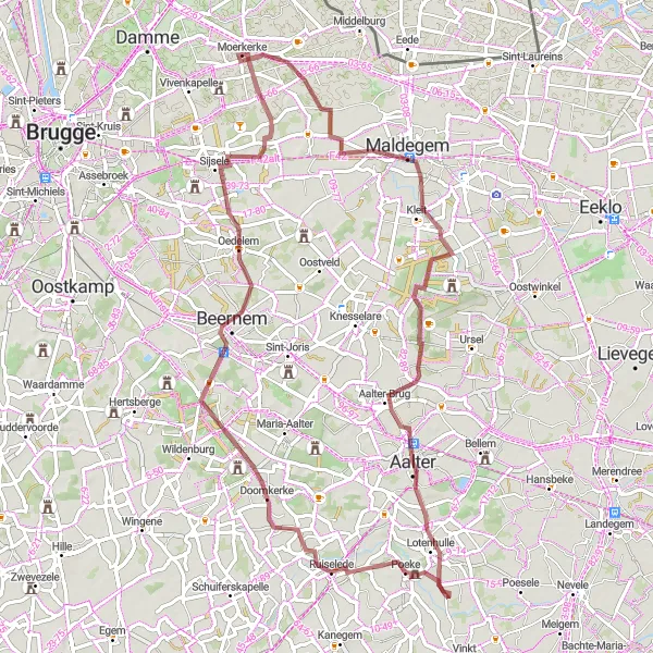 Miniatuurkaart van de fietsinspiratie "Landelijk Oost-Vlaanderen op Gravelwegen" in Prov. West-Vlaanderen, Belgium. Gemaakt door de Tarmacs.app fietsrouteplanner