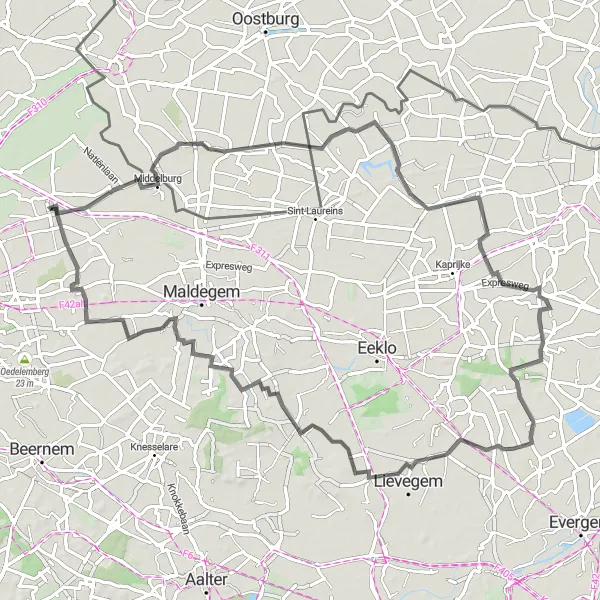 Map miniature of "A Journey Through Rural West-Vlaanderen" cycling inspiration in Prov. West-Vlaanderen, Belgium. Generated by Tarmacs.app cycling route planner